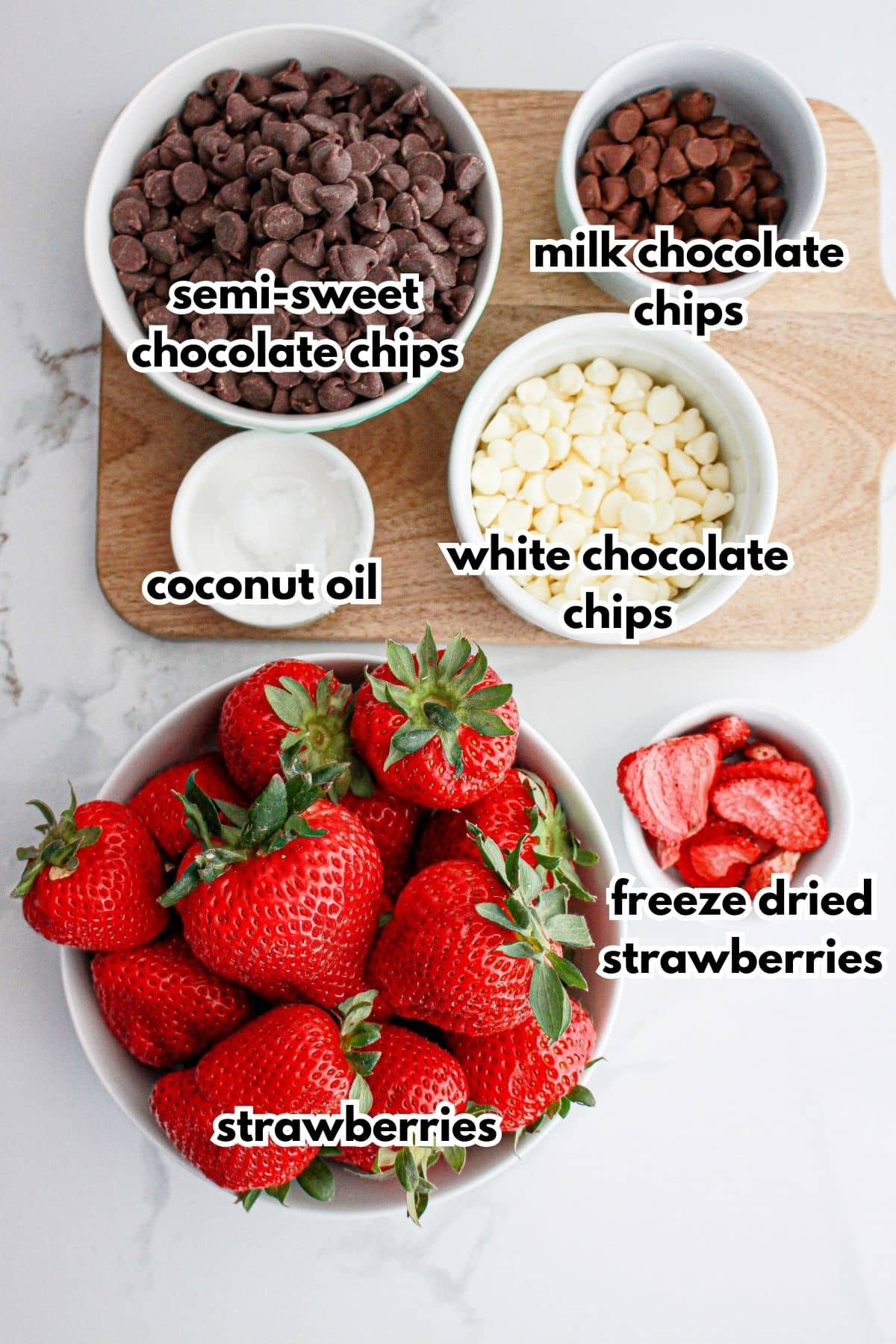 Bowls of chocolate chips, white chocolate chips, coconut oil, strawberries, and freeze-dried strawberries on a counter.