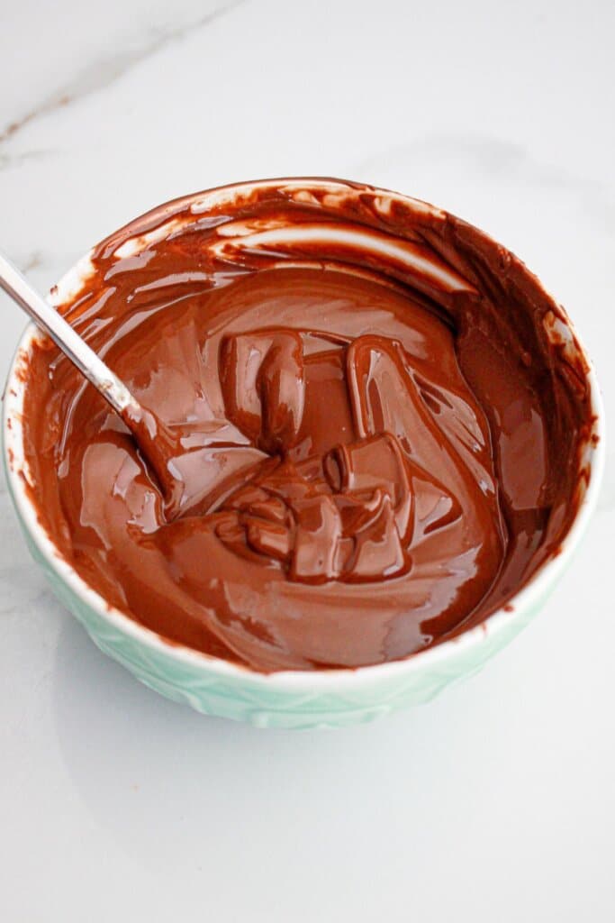 Melted chocolate chips in a bowl ready to be dipped.