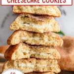 6 halves of churro cheesecake cookies stacked on top of each other on a counter.
