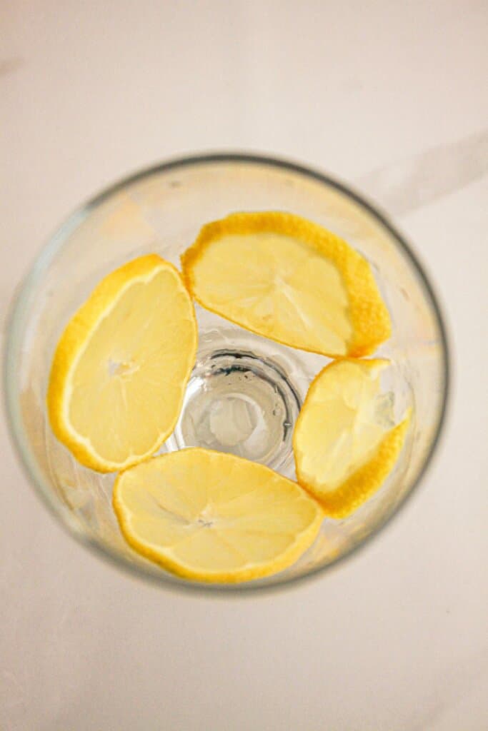 slices of lemons being placed into a glass.