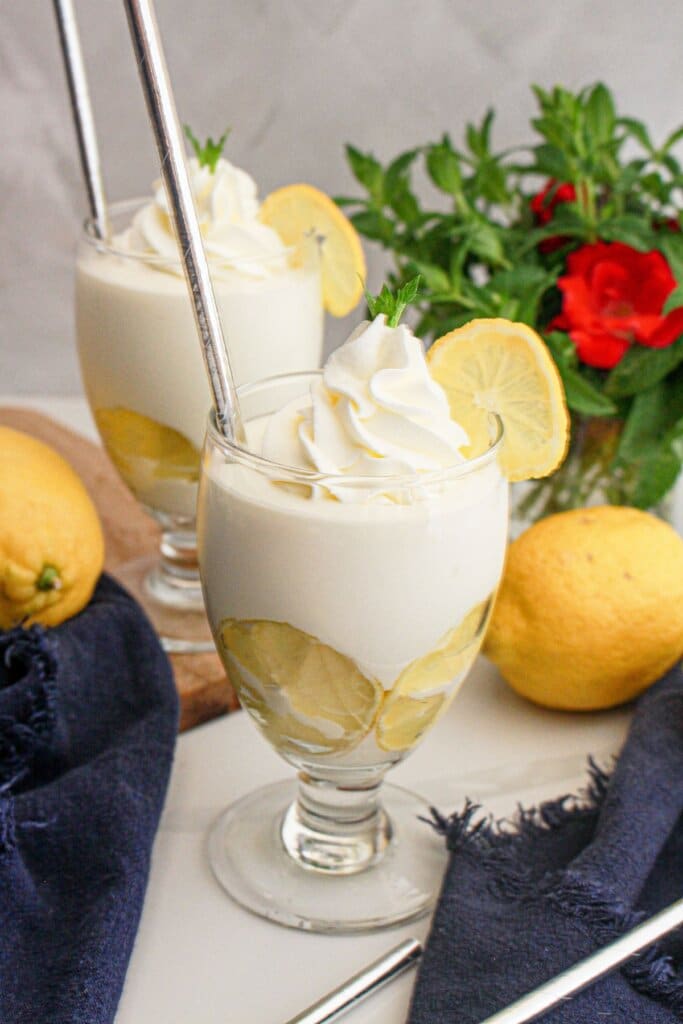 two copycat dunkin whipped lemonades on a counter.