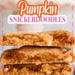 two pumpkin snickerdoodles broken on half and stacked on top of each other.