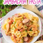Plate full of slow cooker jambalaya pasta.
