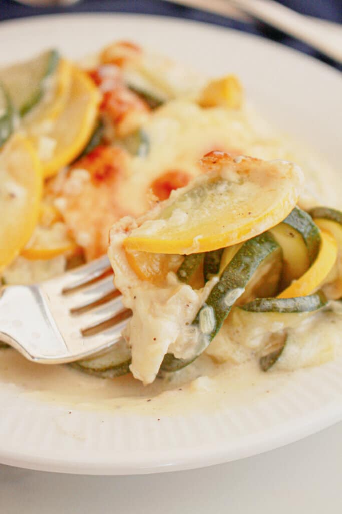 plate full of zucchini and squash au gratin.