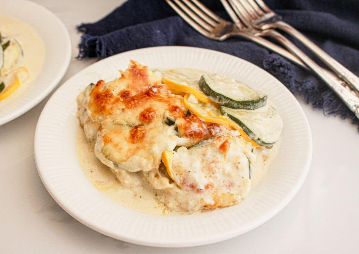plate full of zucchini and squash au gratin.