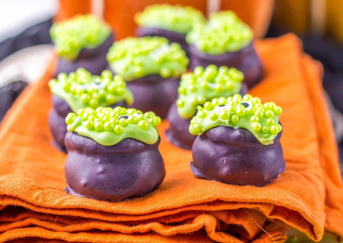 Cauldren Oreo Truffles on a counter.