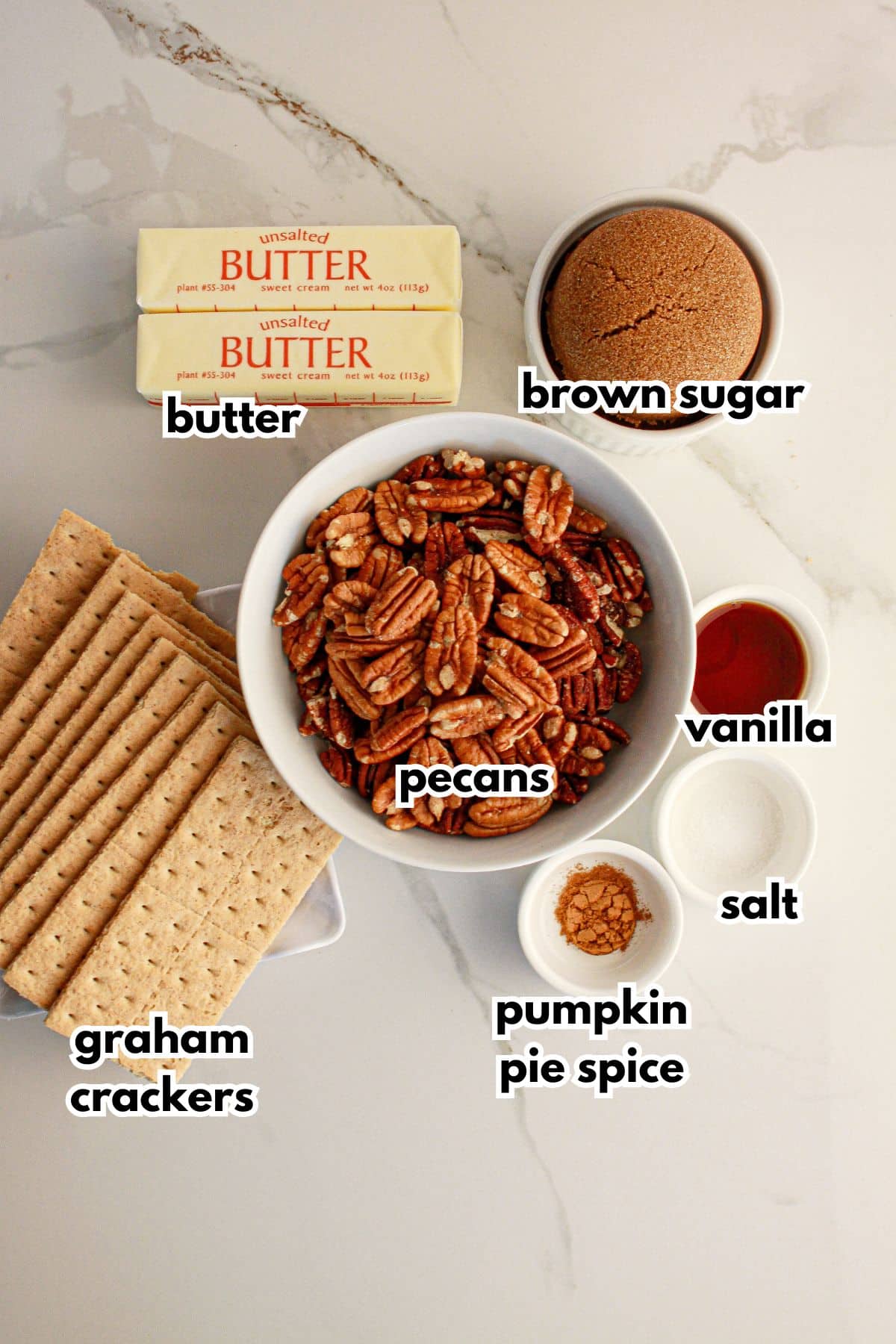 Bowls of ingredients for making pecan pie bark.