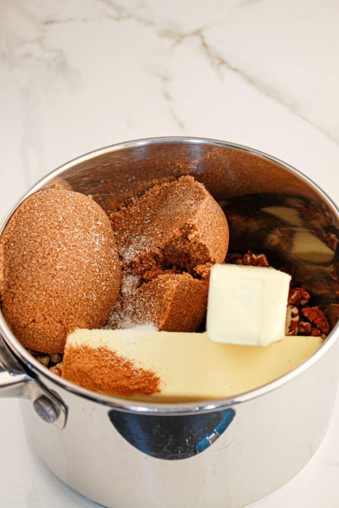 Brown sugar, and butter in a sauepan.