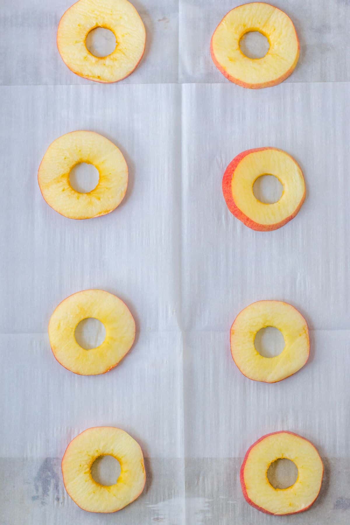 Apple slices on a parchment lined baking sheet.