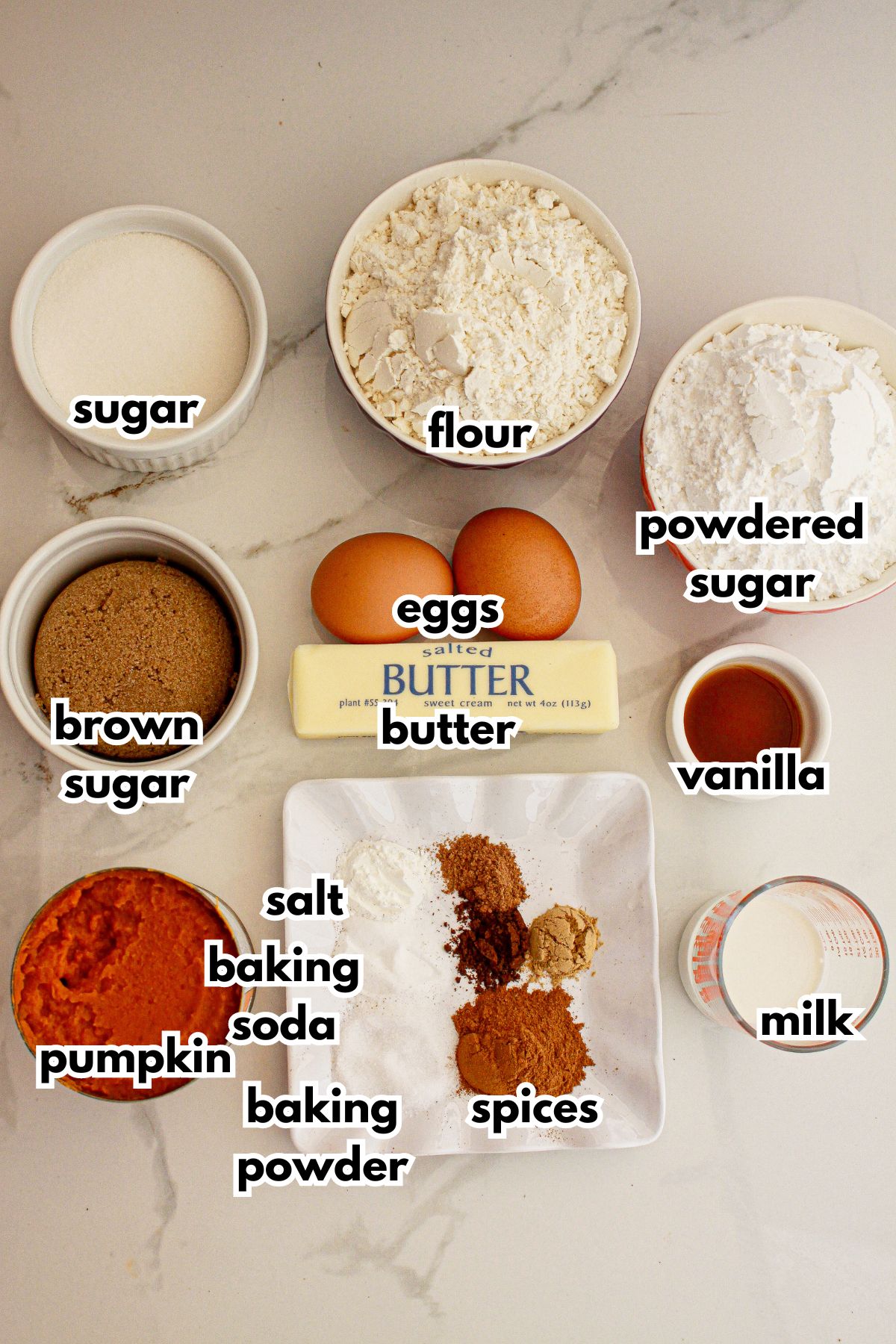 Bowls of sugar, flour, powdered sugar, brown sugar, eggs, butter, vanilla, pumpkin, salt, baking soda, baking powder, spices and milk on a counter.