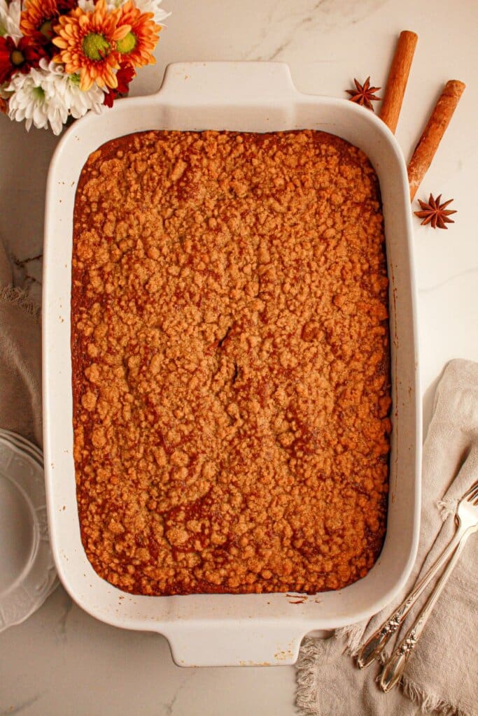 Finished coffee cake cooling in the baking pan.