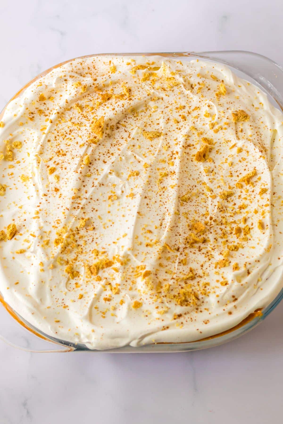 Cinnamon being sprinkled on top of a layered dessert.