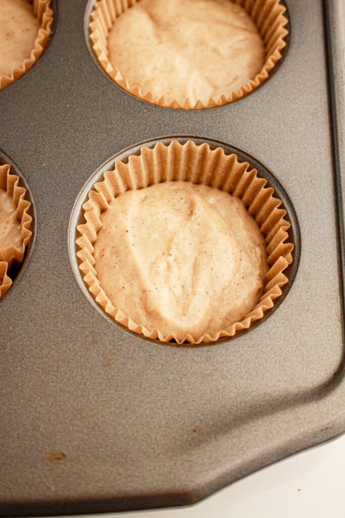 Batter in liners in a baking pan.