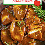 Pork chops in a skillet.