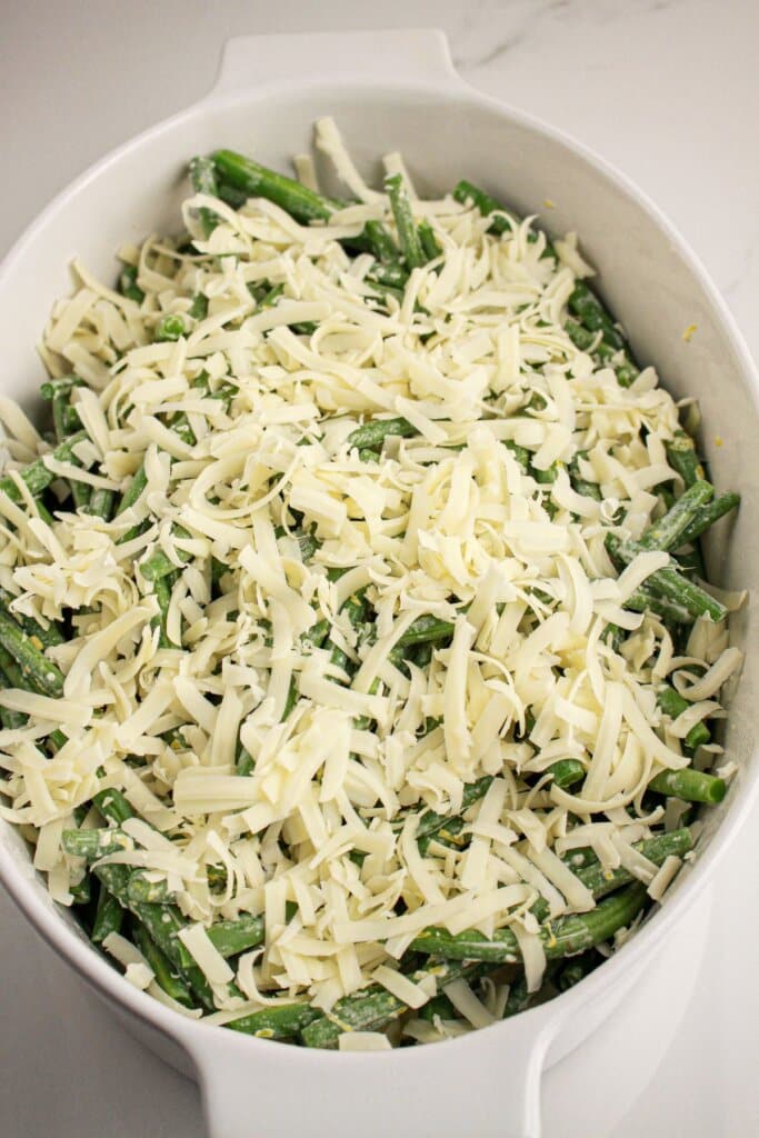 Green beans in a casserole dish.
