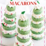 Christmas tree macarons on plate.