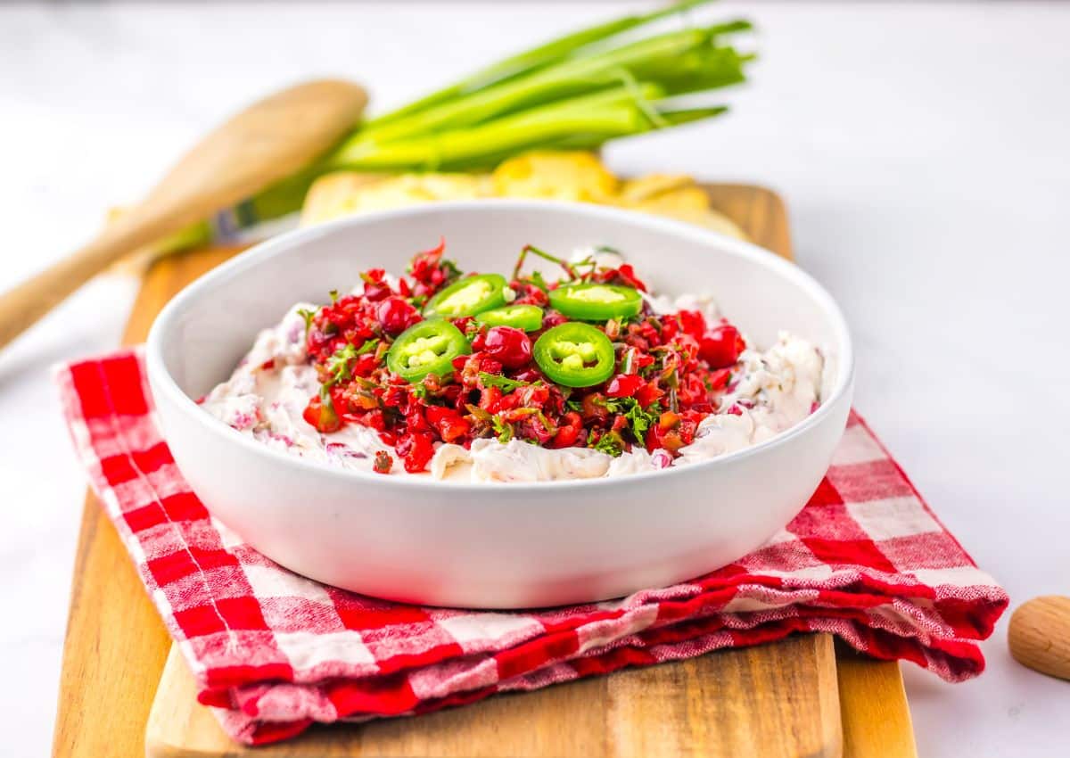 Bowl full of cranberry jalapeno dip.