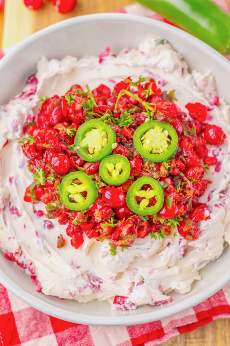 Bowl full of cranberry jalapeno dip.