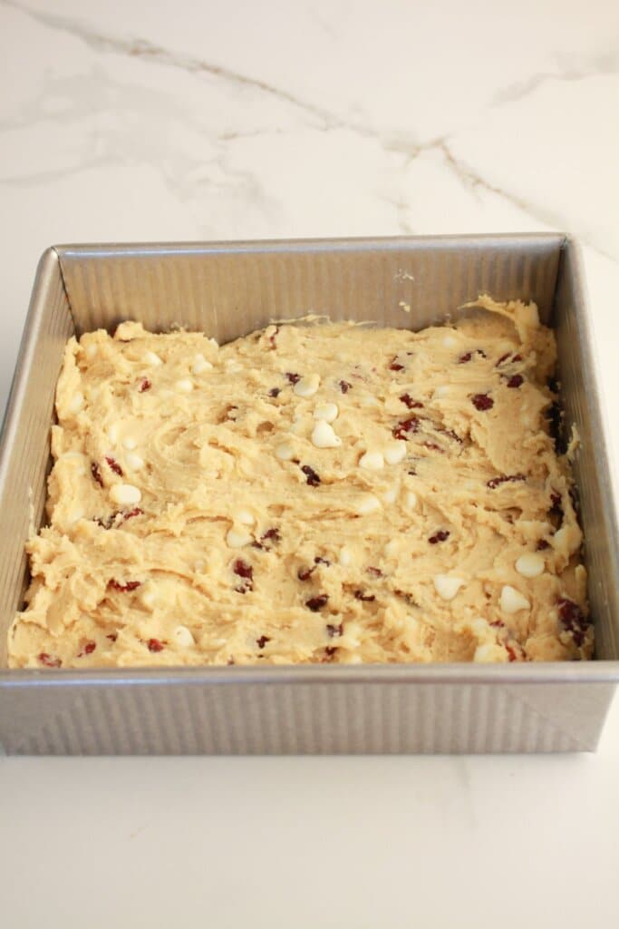 Cookie dough in baking dish.
