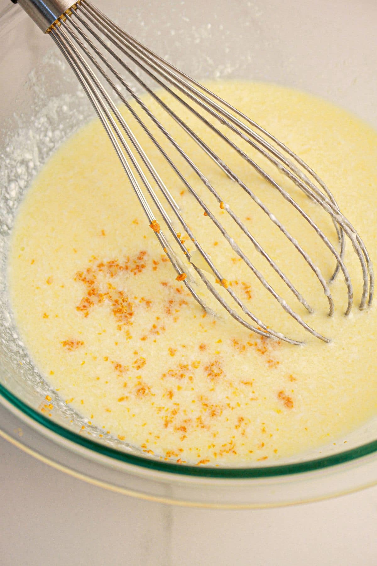 Wet ingredients in a mixing bowl.
