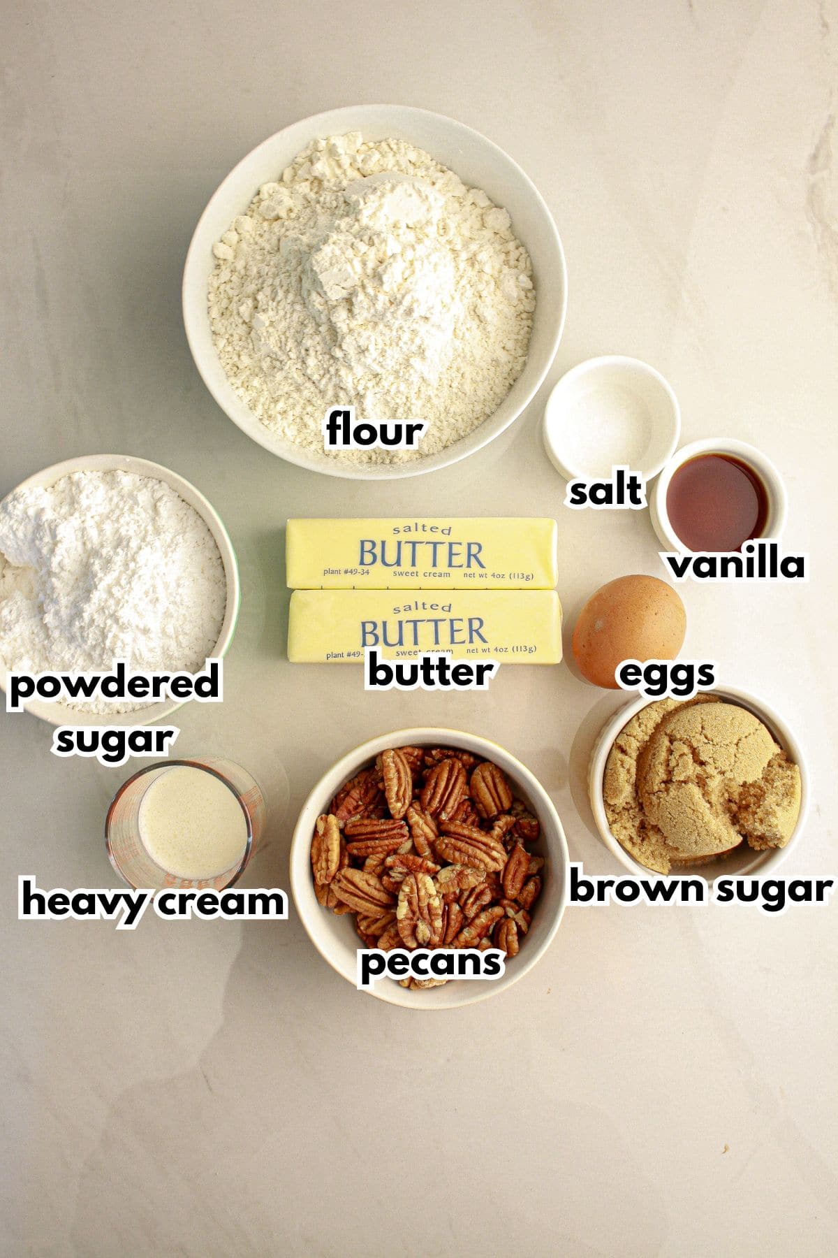 Bowls of ingredients on a counter. 