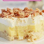 Slice of pecan pie lasagna on a plate.