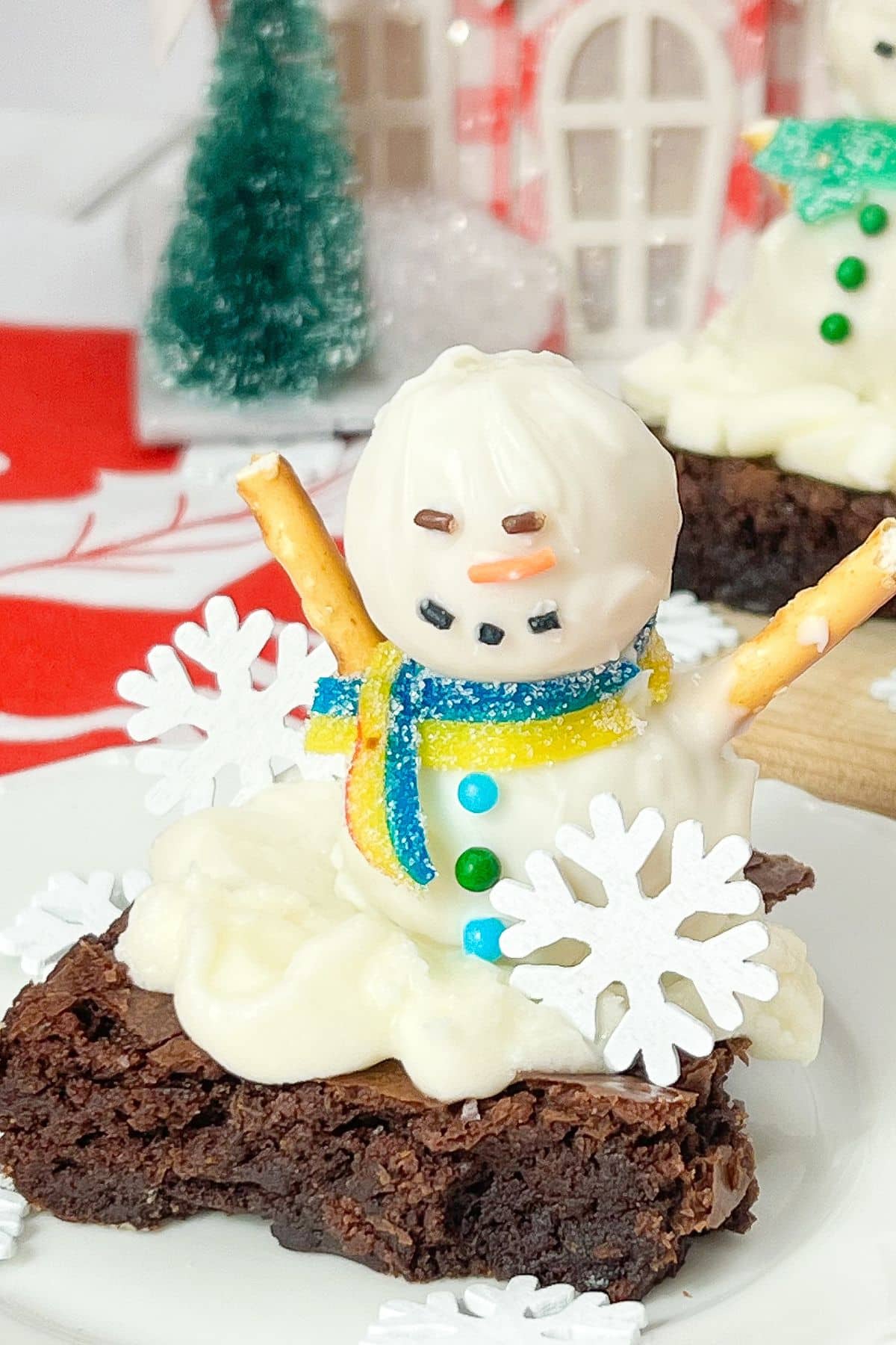 Snowman brownie on a plate.