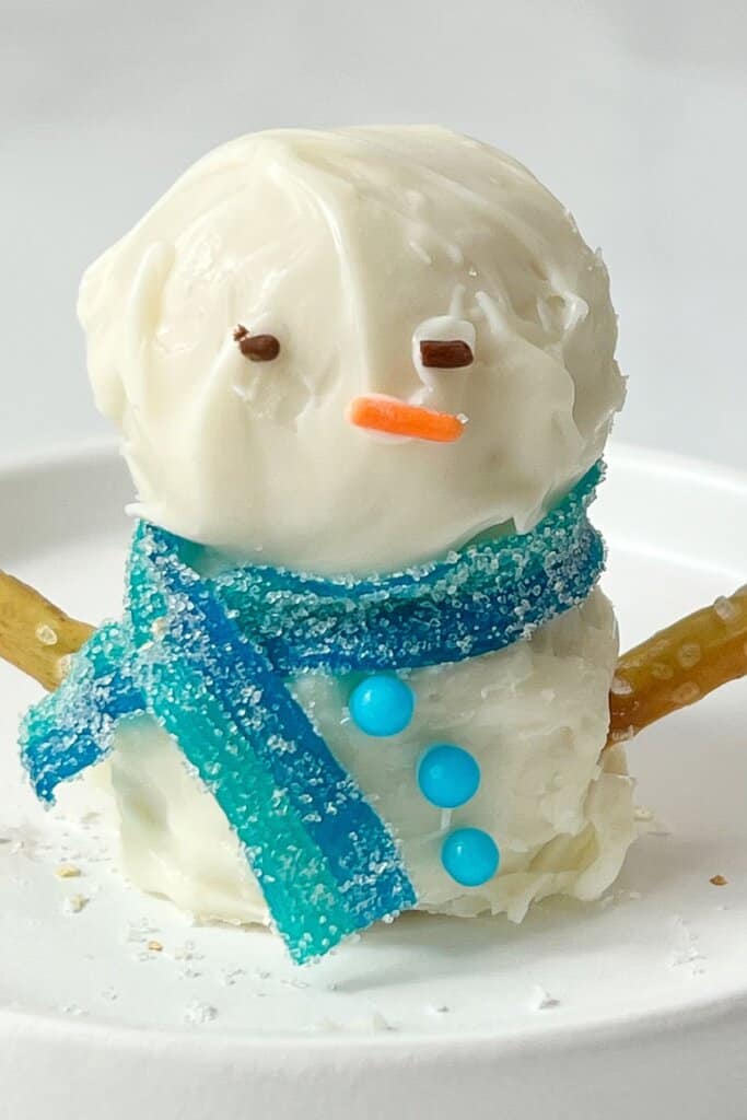Snowman truffle on a plate.