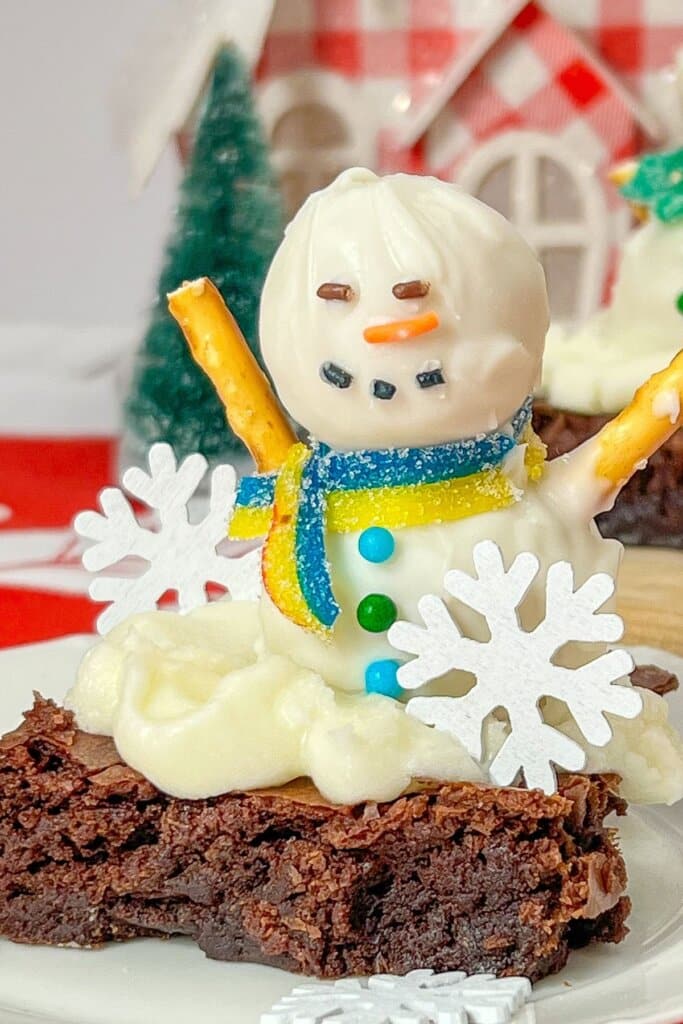 Snowman brownie on a plate.