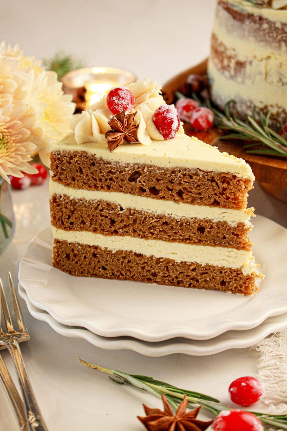 Slice of spice cake on plate.