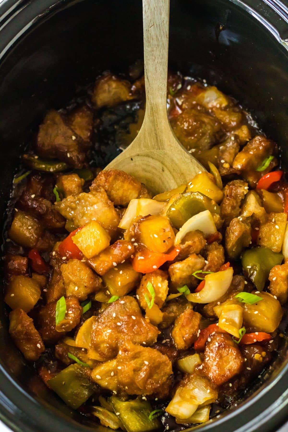 Sweet and sour pork in a slow cooker.