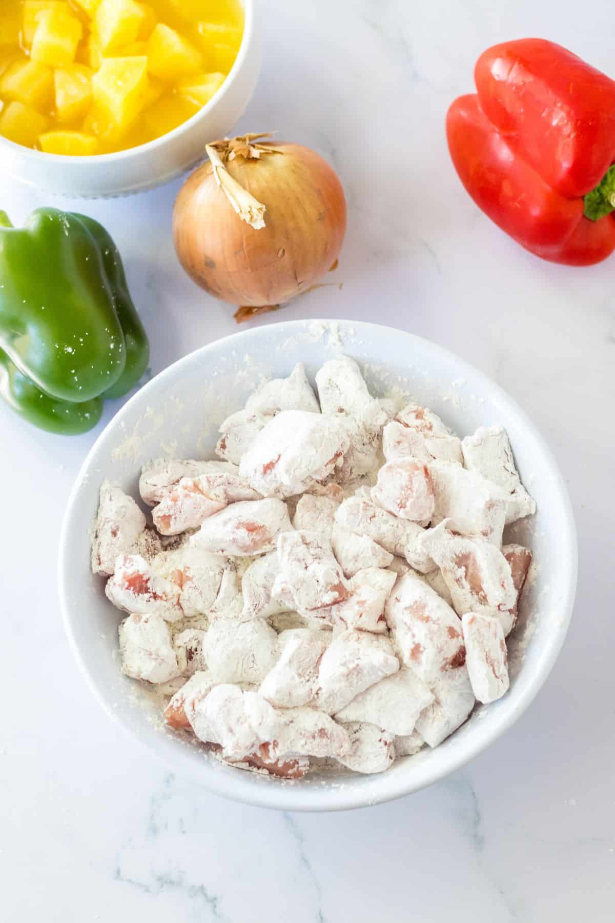 Pork chunks in cornstarch.