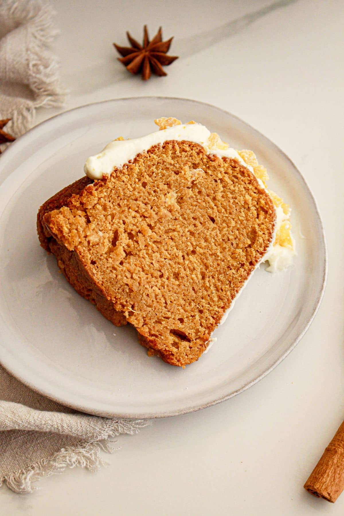 Slice of bundt cake on plate.