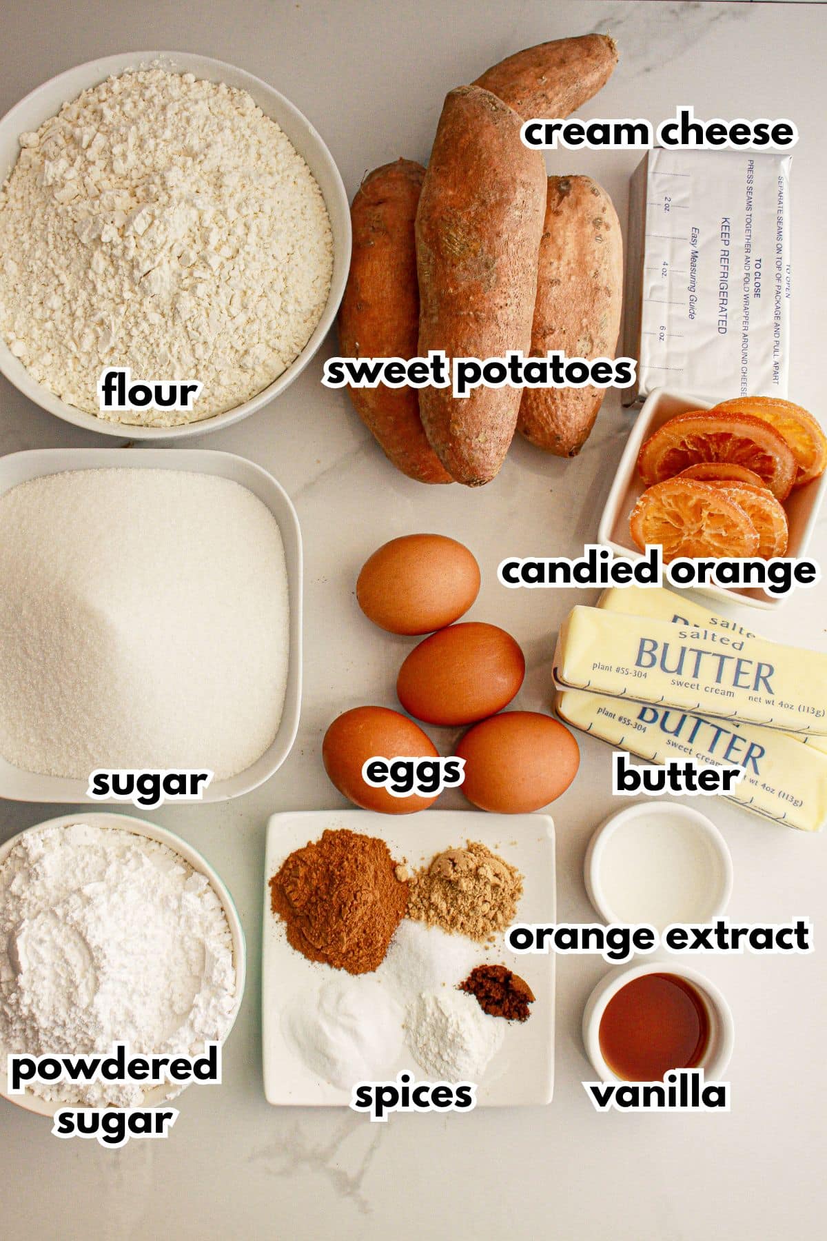 Ingredients of pound cake on counter.