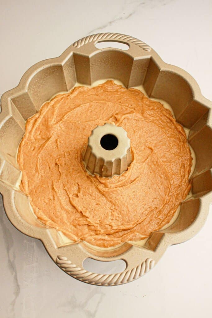 Batter in a bundt cake pan.