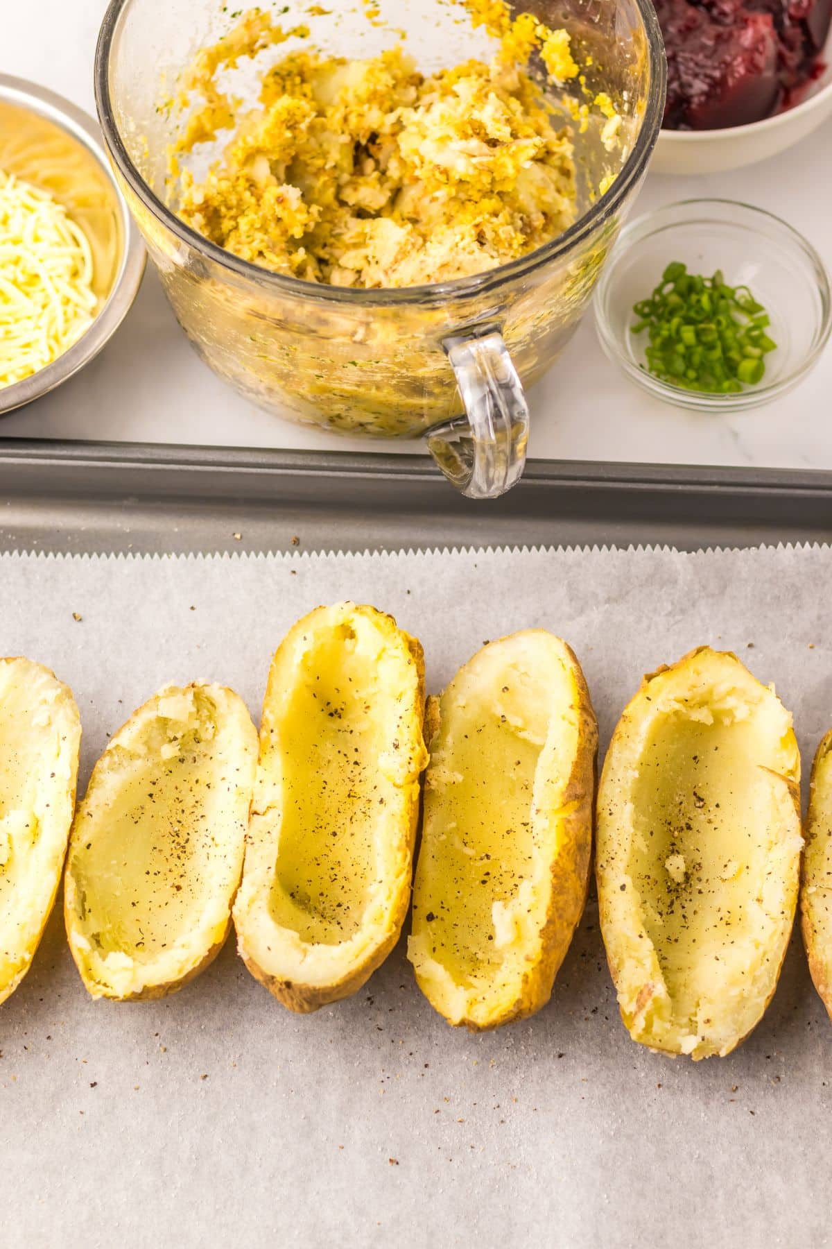 Potato havles being seasoned.