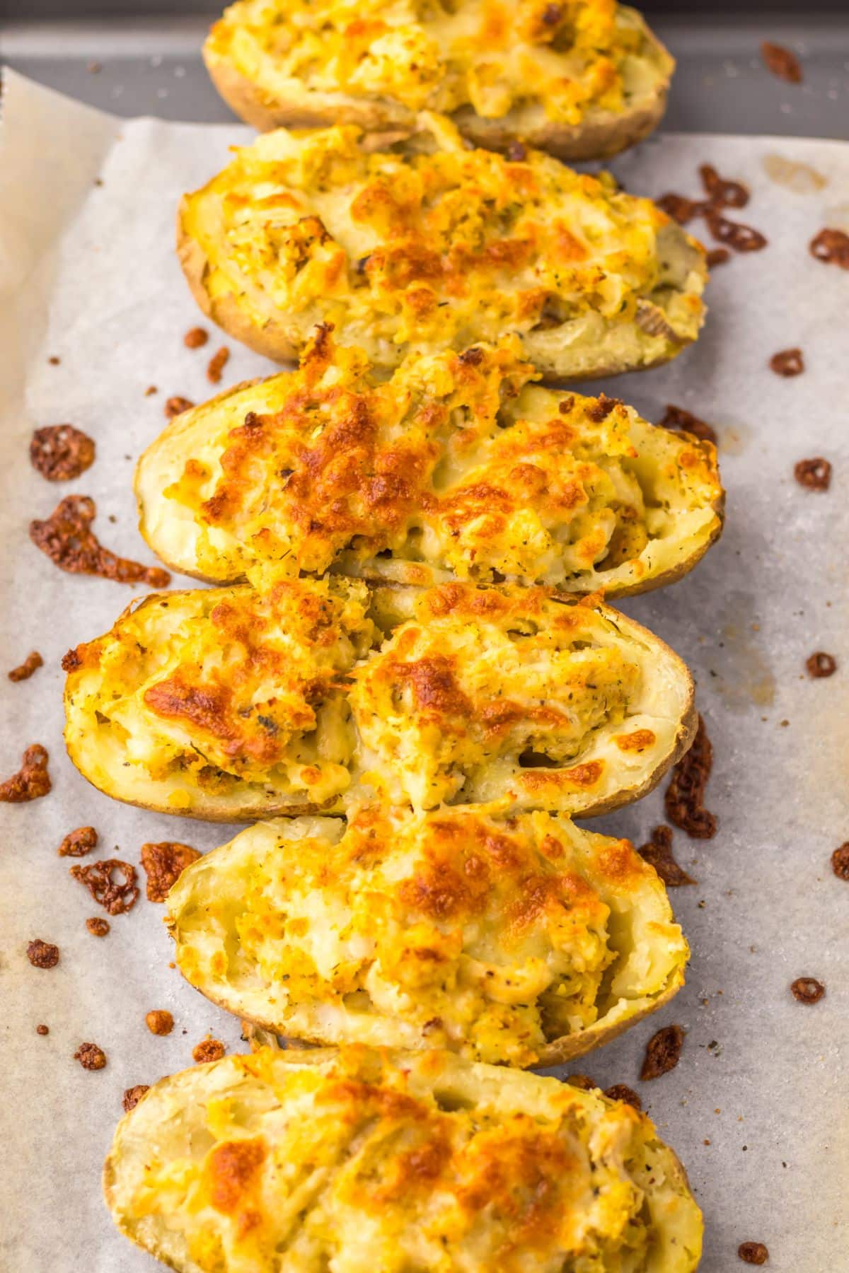 Thanksgiving potato skins on a baking dish.