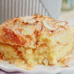 Slice of bread pudding on a plate.