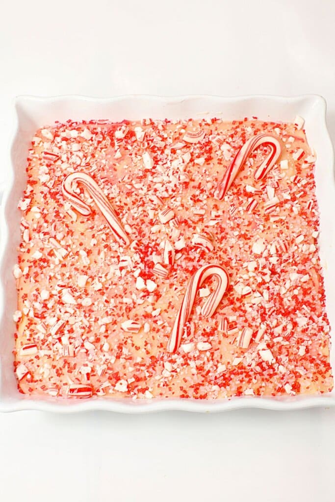 Candy cane fudge in a baking dish.