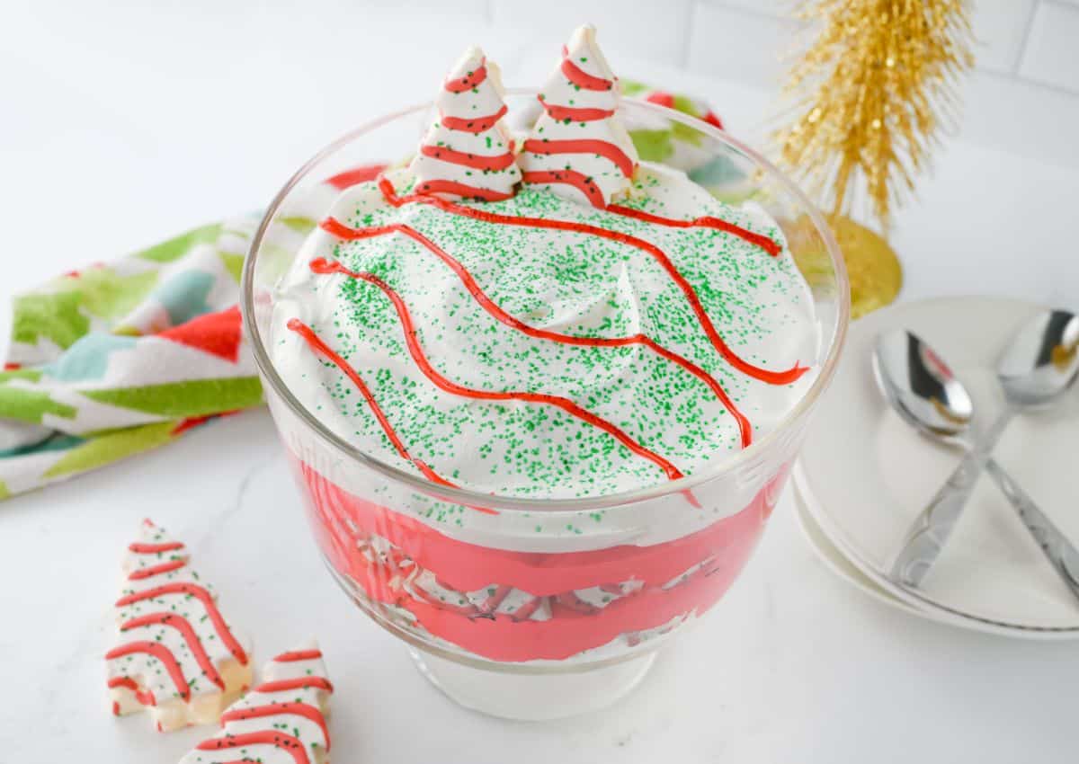 Christmas tree cake trifle in a bowl.