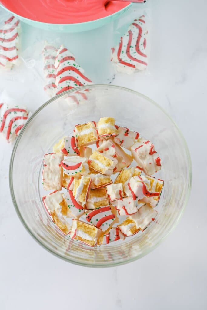 Cake peices in the bottom of the bowl.