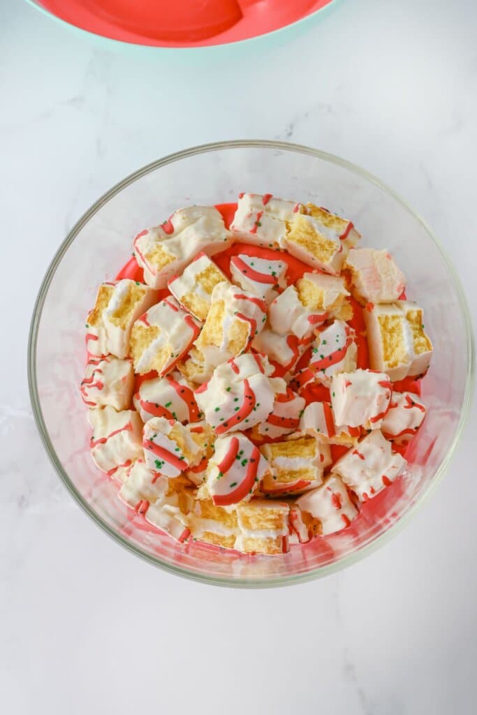 Cake pieces in a bowl.