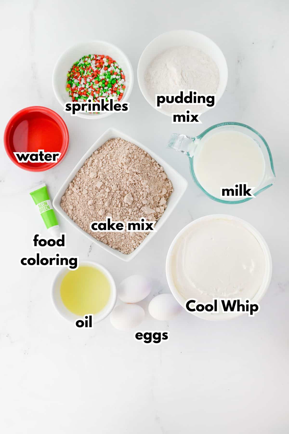 Ingredients labelled with text on a counter.
