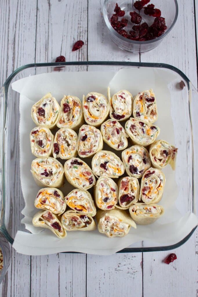 Pinwheels in a glass baking dish.