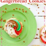 Frosted gingerbread cookie on a plate.