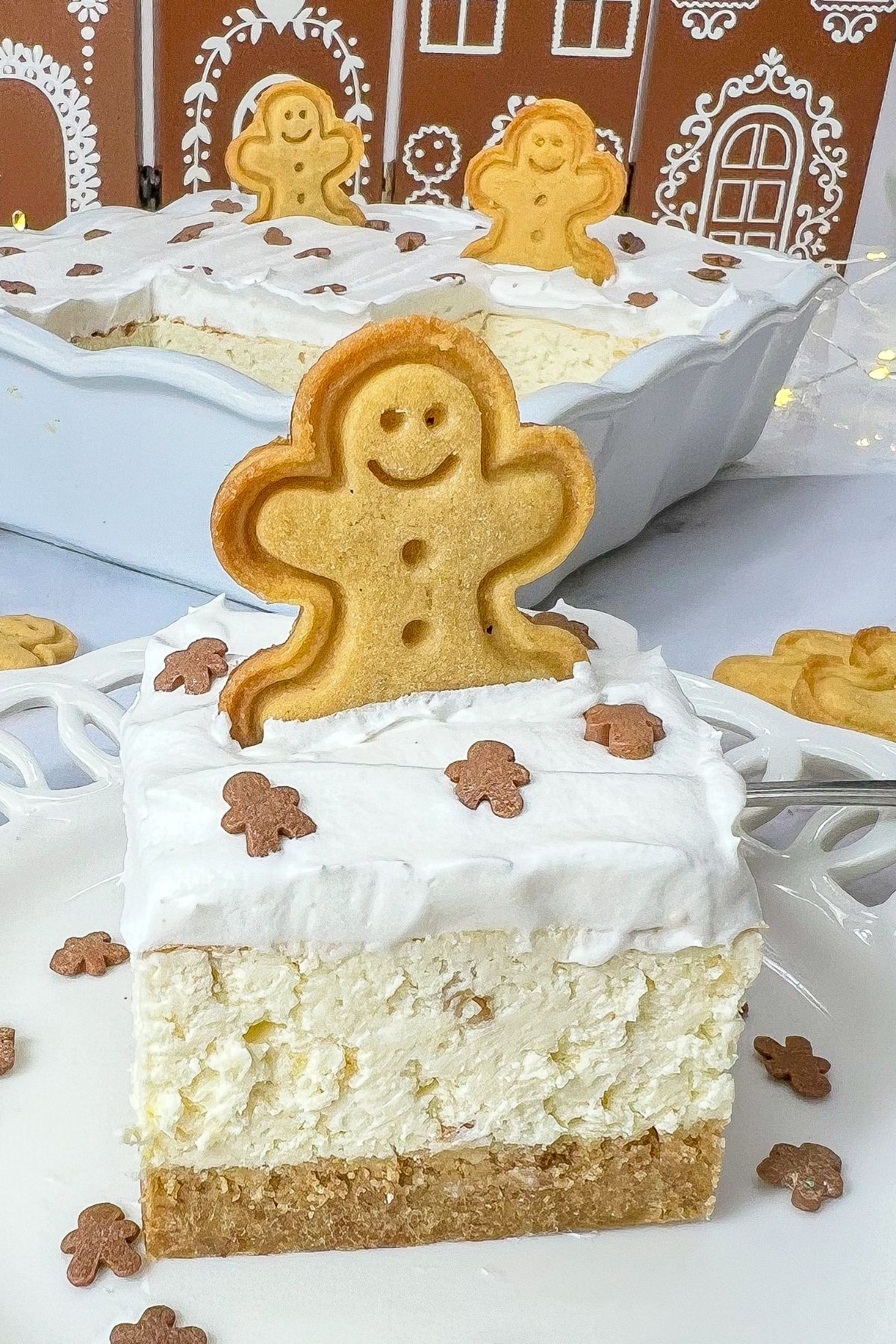 Slice of cheesecake bars on a plate.