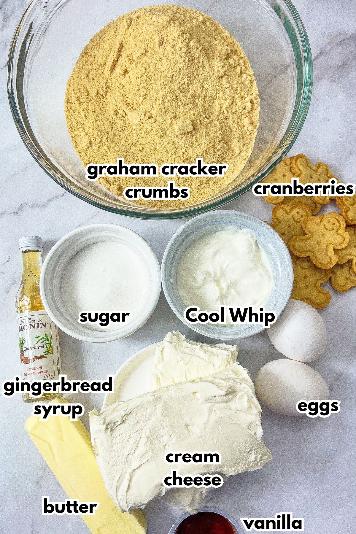 Ingredients labelled with text on a counter.