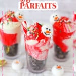 Three peppermint parfaits on a table.