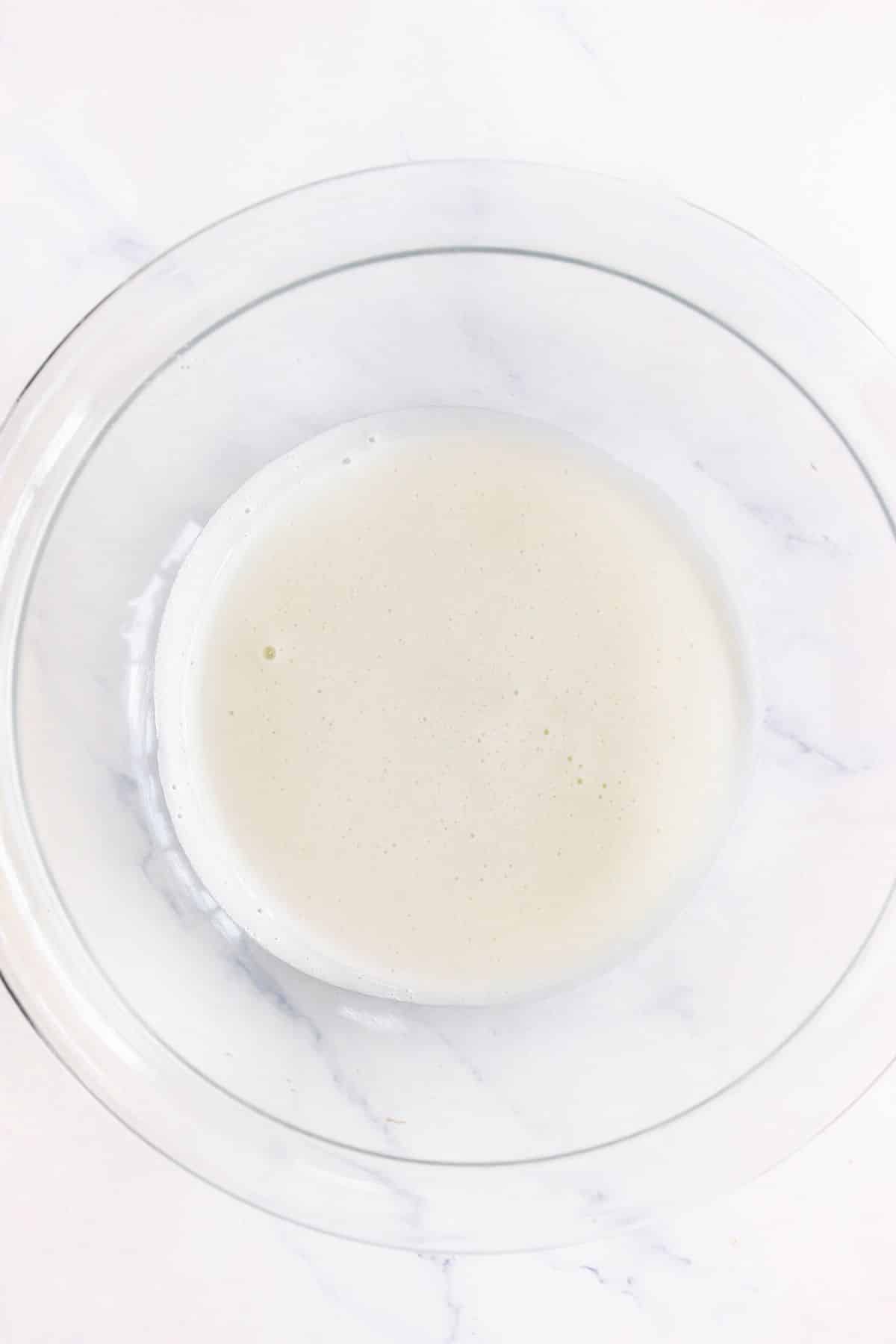 Batter in a glass mixing bowl.