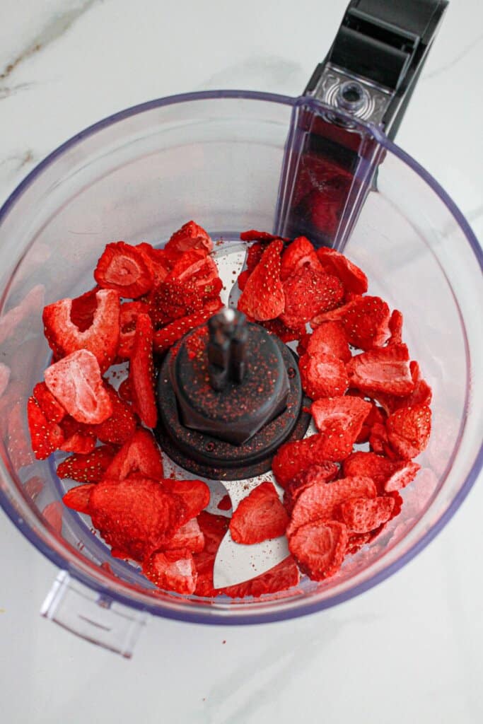 Freeze-dried strawberries in a food processor.
